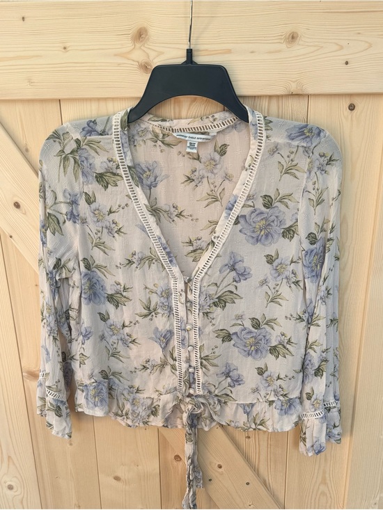 American Eagle Outfitters Tops - American Eagle Outfitters Light Blue Floral Tie-Front Sheer Blouse